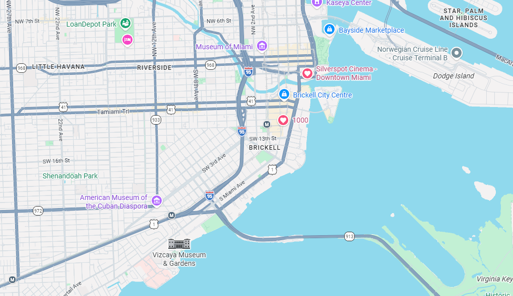 Map of Miami showing Downtown, Brickell, Little Havana and Biscayne Bay.